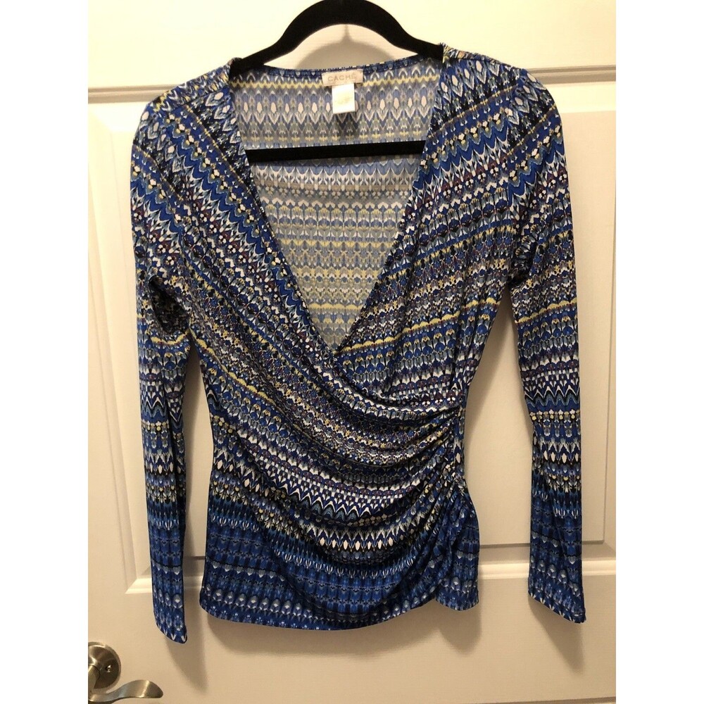 Cache Stretch Surplice Blue Top Small NWT
